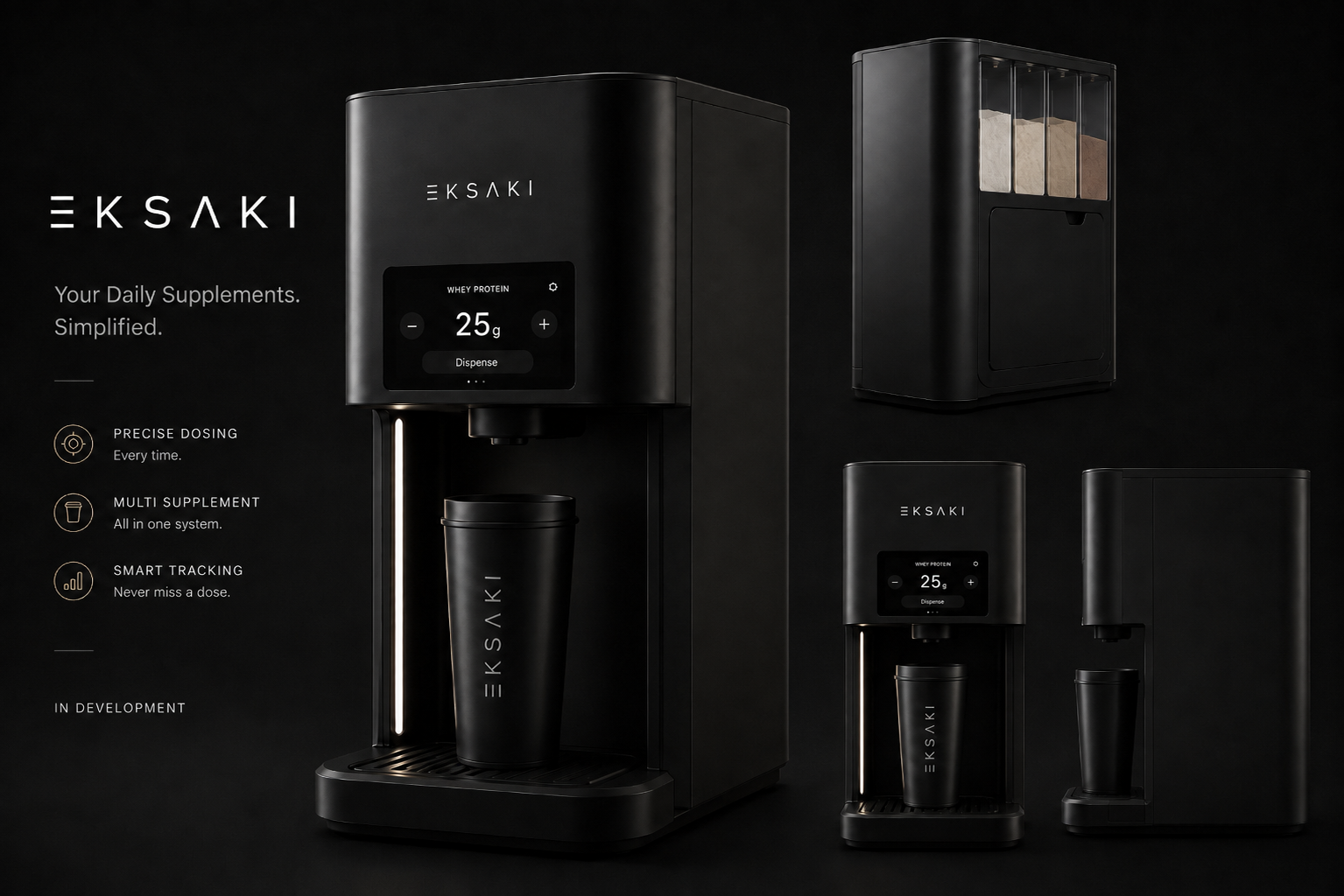 EKSAKI black supplement dosing station concept render, showing front, side and reservoir views with a branded shaker.